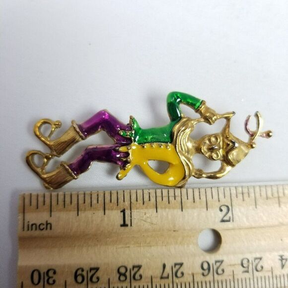 Vintage Court Jester Enamel Brooch, Yellow Green Purple Gold Tone Clown, Estate - Picture 5 of 7